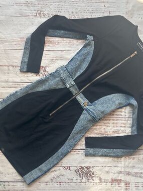 Maniere De Voir Black & Denim Panel Zip-Front Dress Retro Y2K Size Medium 10